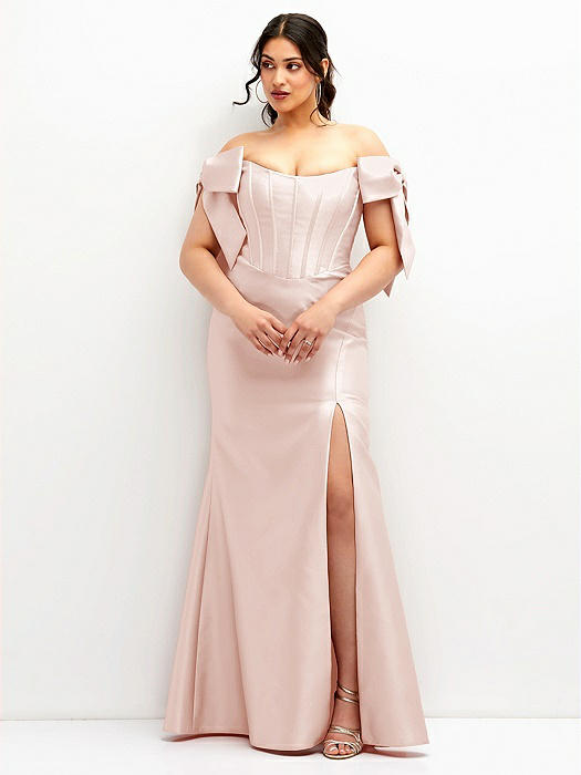 Off-the-Shoulder Bow Satin Corset Dress with Fit and Flare Skirt