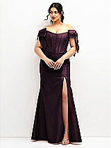 Front View Thumbnail - Deep Plum Off-the-Shoulder Bow Satin Corset Dress with Fit and Flare Skirt