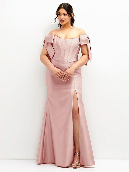 Off-the-Shoulder Bow Satin Corset Dress with Fit and Flare Skirt