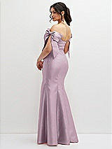 Rear View Thumbnail - Suede Rose Off-the-Shoulder Bow Satin Corset Dress with Fit and Flare Skirt