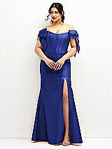 Front View Thumbnail - Cobalt Blue Off-the-Shoulder Bow Satin Corset Dress with Fit and Flare Skirt