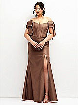 Front View Thumbnail - Cognac Off-the-Shoulder Bow Satin Corset Dress with Fit and Flare Skirt
