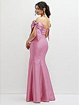 Rear View Thumbnail - Powder Pink Off-the-Shoulder Bow Satin Corset Dress with Fit and Flare Skirt