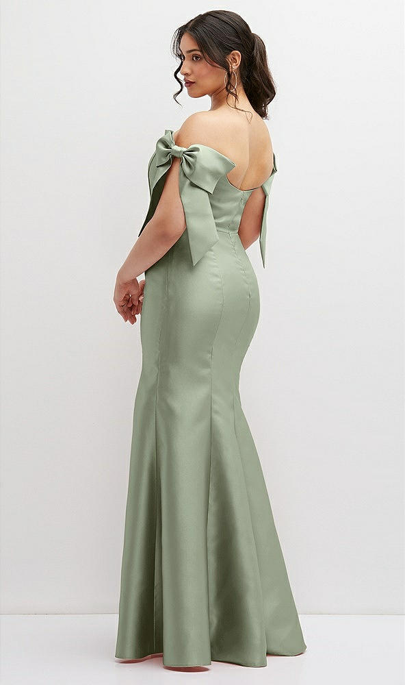 Back View - Sage Off-the-Shoulder Bow Satin Corset Dress with Fit and Flare Skirt