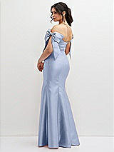 Rear View Thumbnail - Sky Blue Off-the-Shoulder Bow Satin Corset Dress with Fit and Flare Skirt