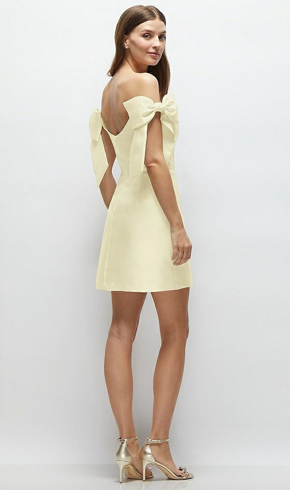 Back View - Butter Yellow Satin Off-the-Shoulder Bow Corset Fit and Flare Mini Dress