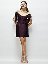 Front View Thumbnail - Deep Plum Satin Off-the-Shoulder Bow Corset Fit and Flare Mini Dress