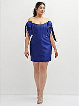 Alt View 2 Thumbnail - Cobalt Blue Satin Off-the-Shoulder Bow Corset Fit and Flare Mini Dress