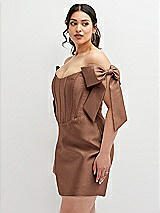 Alt View 1 Thumbnail - Cognac Satin Off-the-Shoulder Bow Corset Fit and Flare Mini Dress