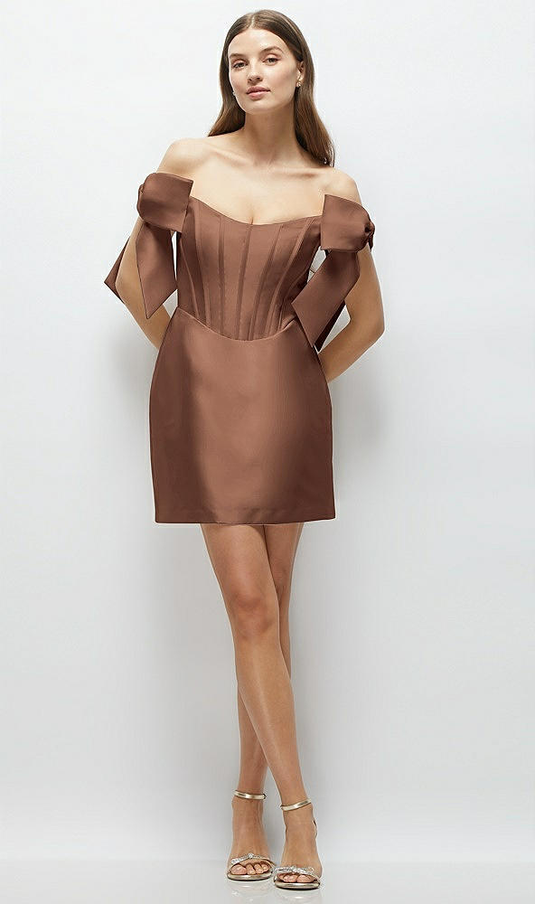 Front View - Cognac Satin Off-the-Shoulder Bow Corset Fit and Flare Mini Dress