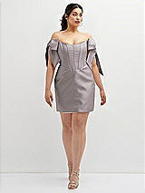 Alt View 2 Thumbnail - Cashmere Gray Satin Off-the-Shoulder Bow Corset Fit and Flare Mini Dress