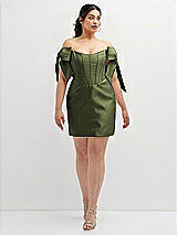 Alt View 2 Thumbnail - Olive Green Satin Off-the-Shoulder Bow Corset Fit and Flare Mini Dress