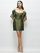 Front View Thumbnail - Olive Green Satin Off-the-Shoulder Bow Corset Fit and Flare Mini Dress