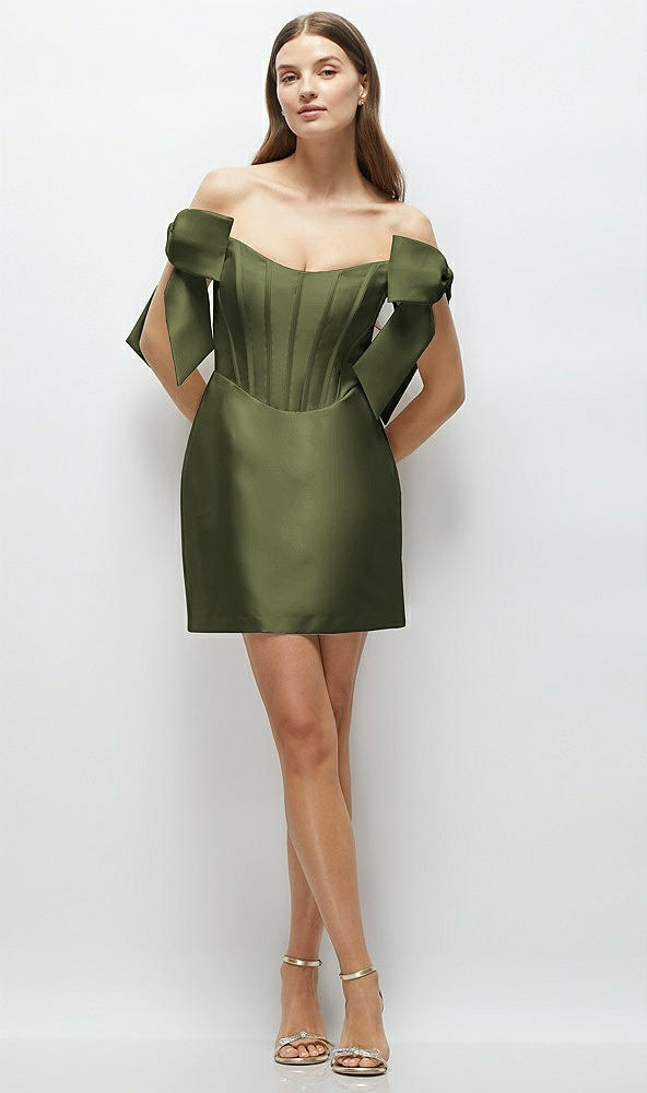 Front View - Olive Green Satin Off-the-Shoulder Bow Corset Fit and Flare Mini Dress