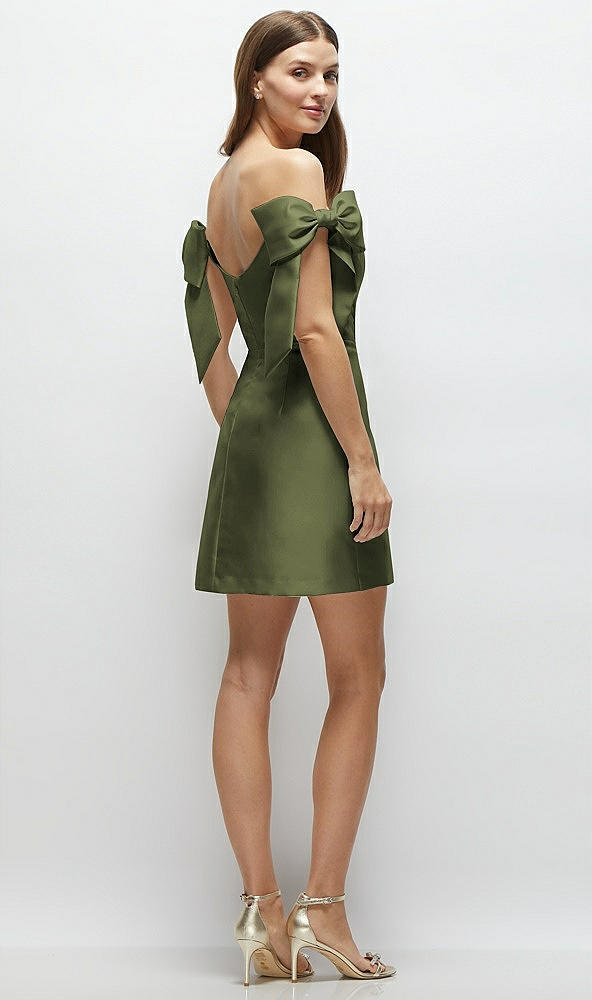 Back View - Olive Green Satin Off-the-Shoulder Bow Corset Fit and Flare Mini Dress