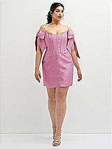 Alt View 2 Thumbnail - Powder Pink Satin Off-the-Shoulder Bow Corset Fit and Flare Mini Dress