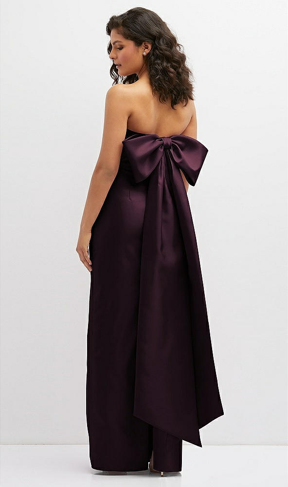 Back View - Deep Plum Strapless Draped Bodice Column Dress with Oversized Bow