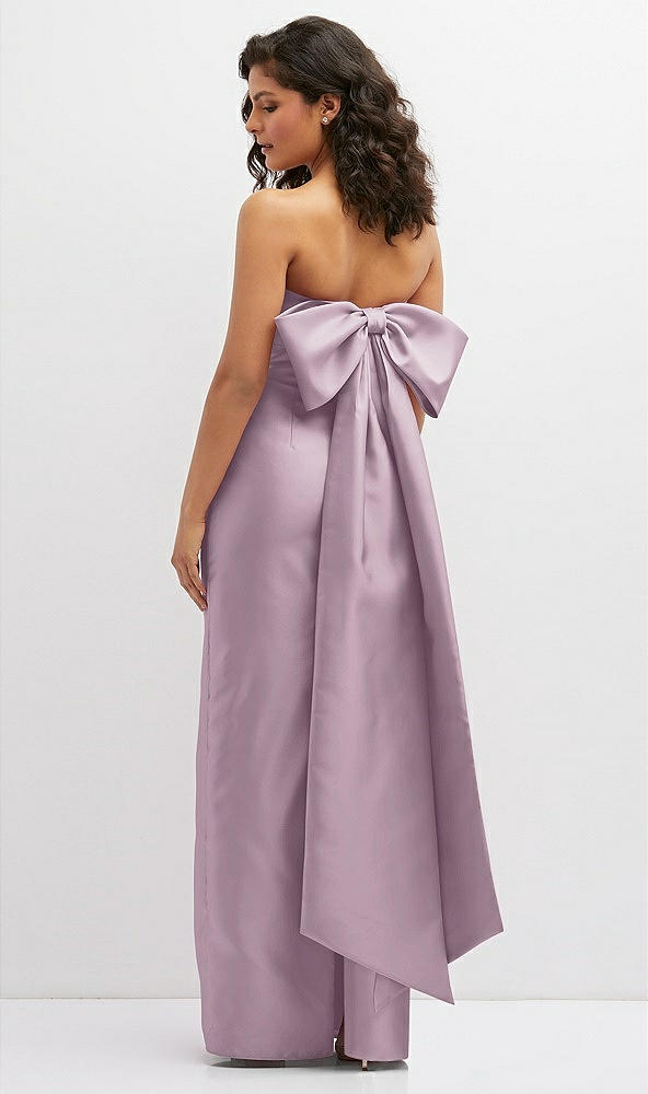 Back View - Suede Rose Strapless Draped Bodice Column Dress with Oversized Bow