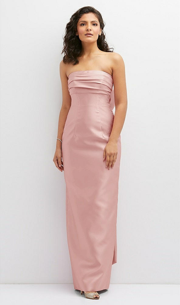 Front View - Rose Strapless Draped Bodice Column Dress with Oversized Bow