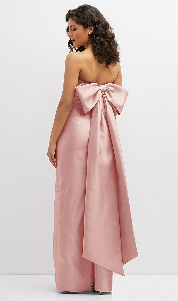 Back View - Rose Strapless Draped Bodice Column Dress with Oversized Bow