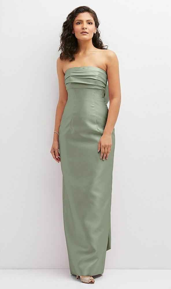 Front View - Sage Strapless Draped Bodice Column Dress with Oversized Bow