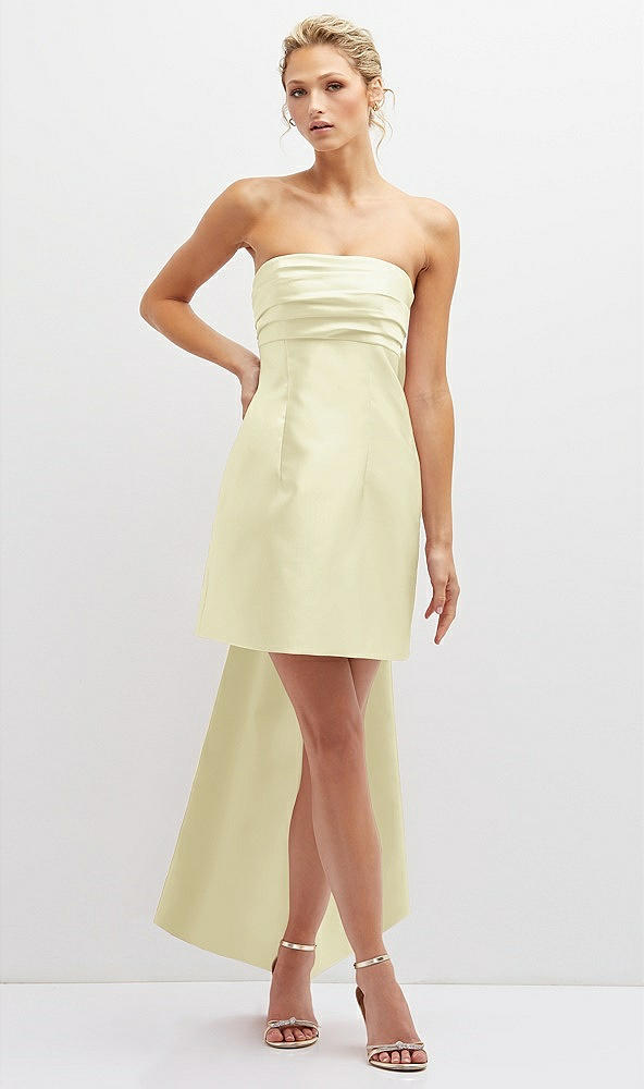 Front View - Butter Yellow Strapless Satin Column Mini Dress with Oversized Bow