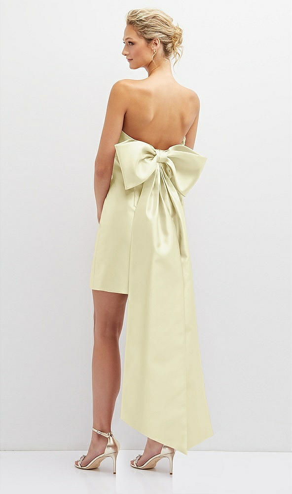 Back View - Butter Yellow Strapless Satin Column Mini Dress with Oversized Bow