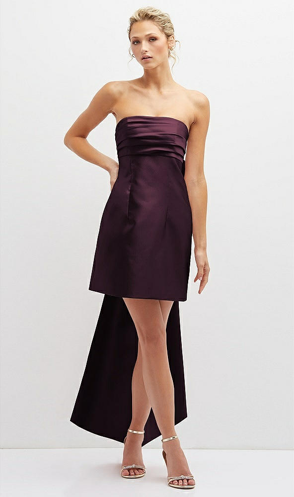 Front View - Deep Plum Strapless Satin Column Mini Dress with Oversized Bow
