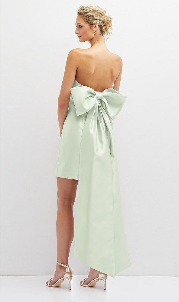 Back View - Mint Green Strapless Satin Column Mini Dress with Oversized Bow