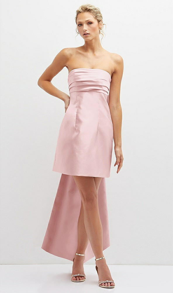 Front View - Ballet Pink Strapless Satin Column Mini Dress with Oversized Bow