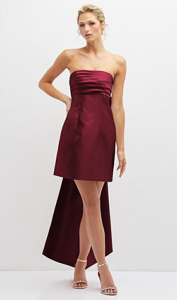 Front View - Cabernet Strapless Satin Column Mini Dress with Oversized Bow