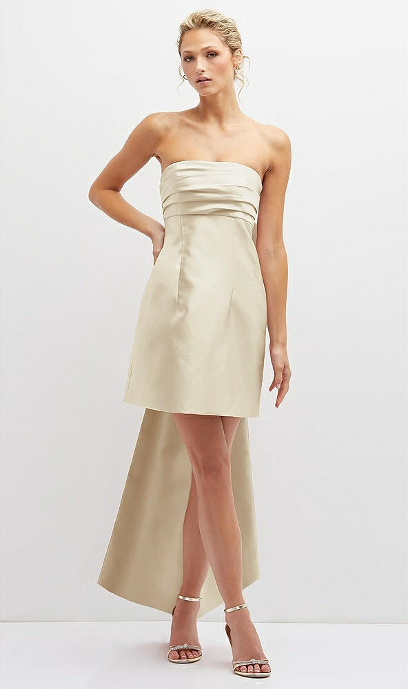 Front View - Champagne Strapless Satin Column Mini Dress with Oversized Bow