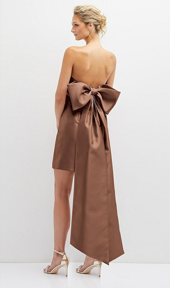 Back View - Cognac Strapless Satin Column Mini Dress with Oversized Bow
