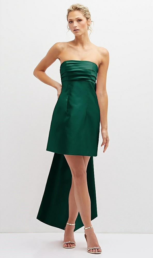 Front View - Hunter Green Strapless Satin Column Mini Dress with Oversized Bow