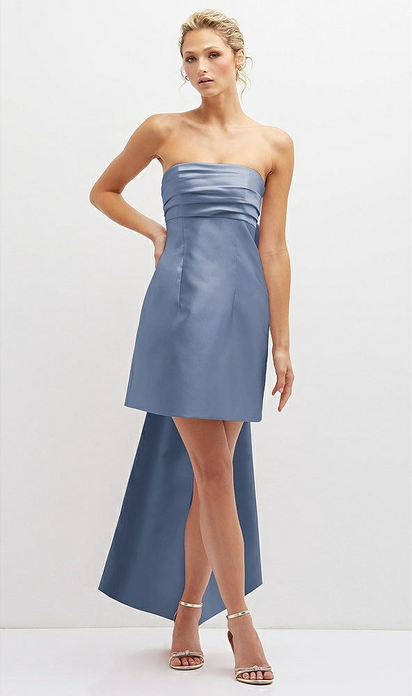 Front View - Larkspur Blue Strapless Satin Column Mini Dress with Oversized Bow