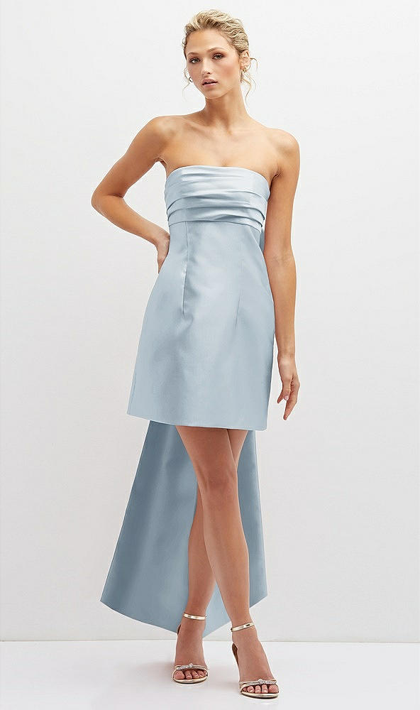 Front View - Mist Strapless Satin Column Mini Dress with Oversized Bow