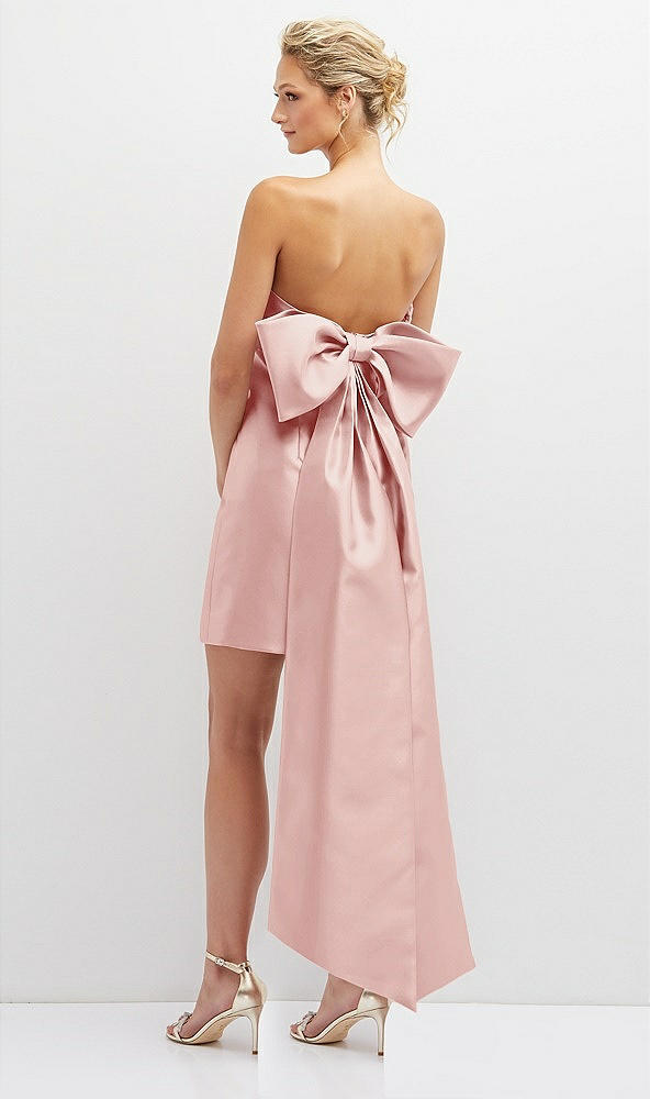 Back View - Rose Strapless Satin Column Mini Dress with Oversized Bow