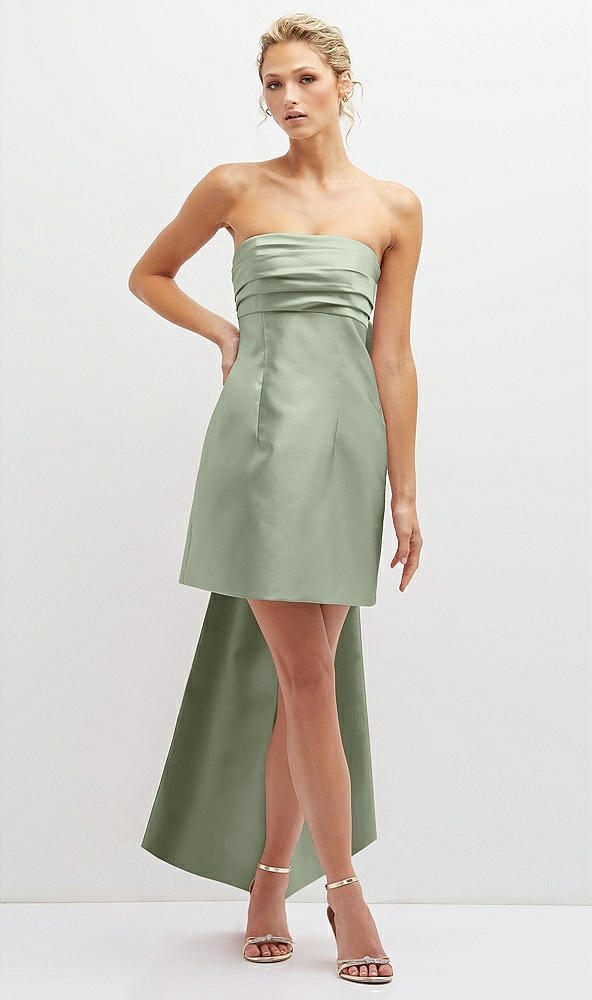 Front View - Sage Strapless Satin Column Mini Dress with Oversized Bow