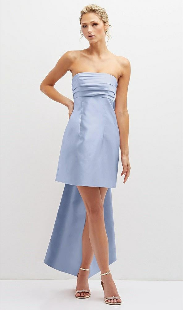 Front View - Sky Blue Strapless Satin Column Mini Dress with Oversized Bow
