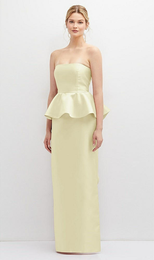 Front View - Butter Yellow Strapless Satin Maxi Dress with Cascade Ruffle Peplum Detail