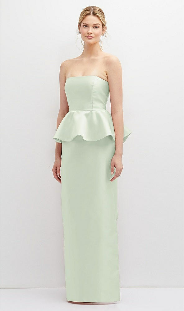 Front View - Mint Green Strapless Satin Maxi Dress with Cascade Ruffle Peplum Detail