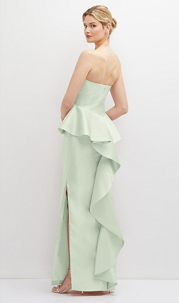 Back View - Mint Green Strapless Satin Maxi Dress with Cascade Ruffle Peplum Detail