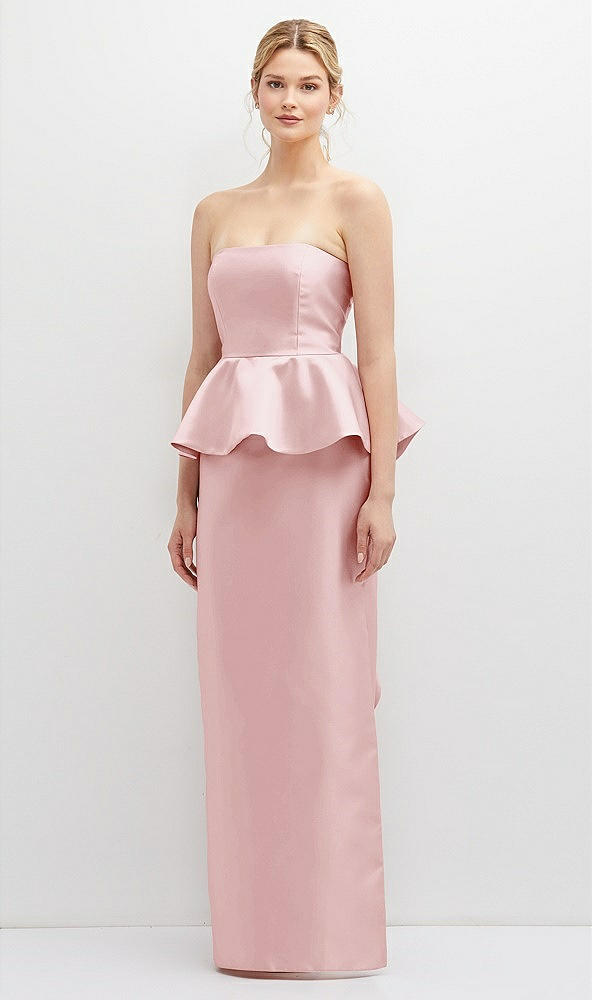 Front View - Ballet Pink Strapless Satin Maxi Dress with Cascade Ruffle Peplum Detail