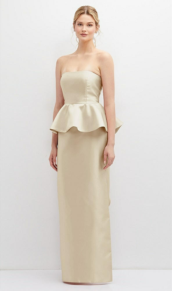 Front View - Champagne Strapless Satin Maxi Dress with Cascade Ruffle Peplum Detail
