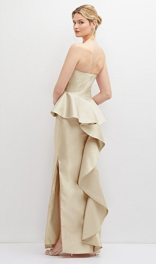 Back View - Champagne Strapless Satin Maxi Dress with Cascade Ruffle Peplum Detail
