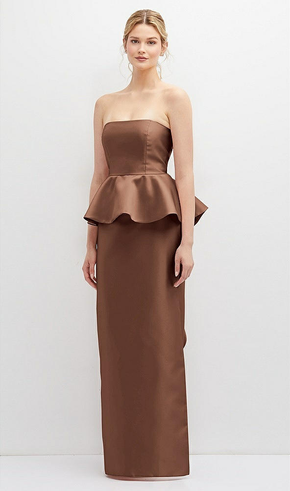 Front View - Cognac Strapless Satin Maxi Dress with Cascade Ruffle Peplum Detail