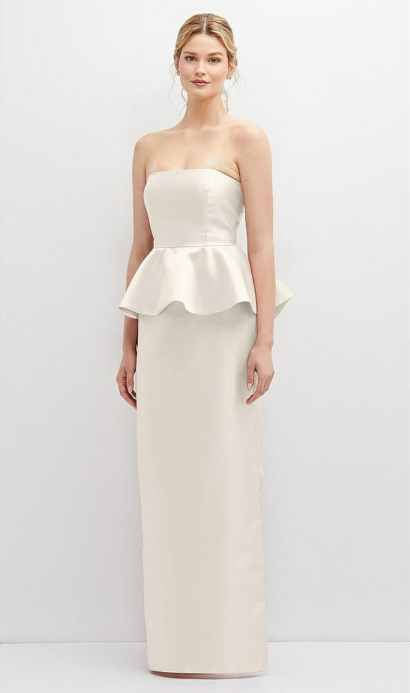 Front View - Ivory Strapless Satin Maxi Dress with Cascade Ruffle Peplum Detail