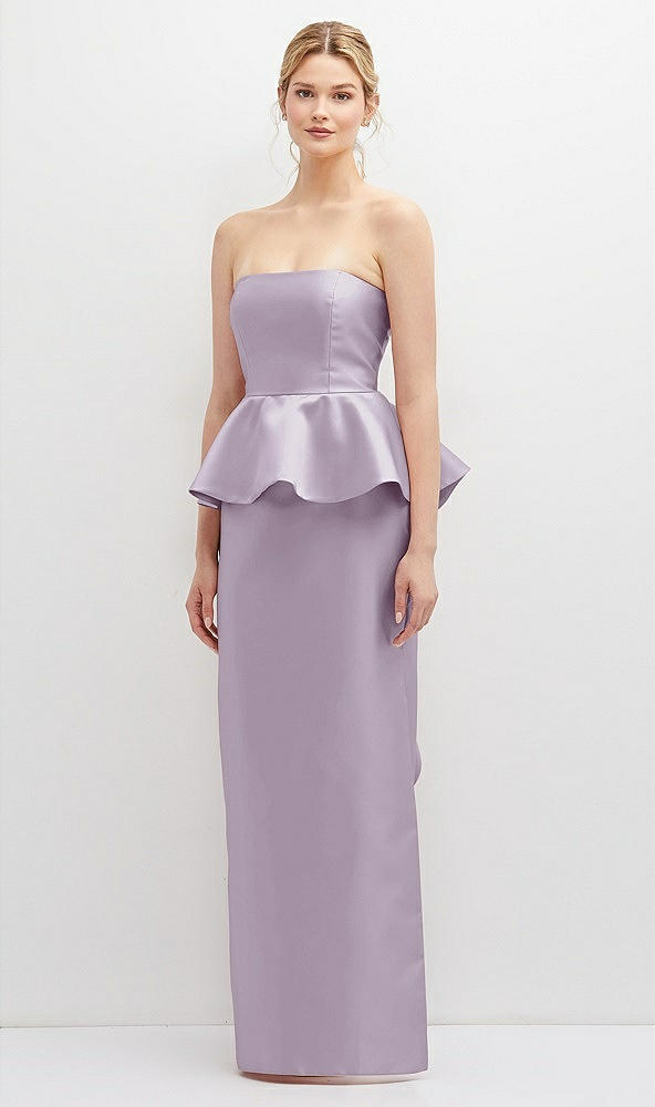 Front View - Lilac Haze Strapless Satin Maxi Dress with Cascade Ruffle Peplum Detail