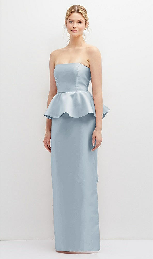 Front View - Mist Strapless Satin Maxi Dress with Cascade Ruffle Peplum Detail