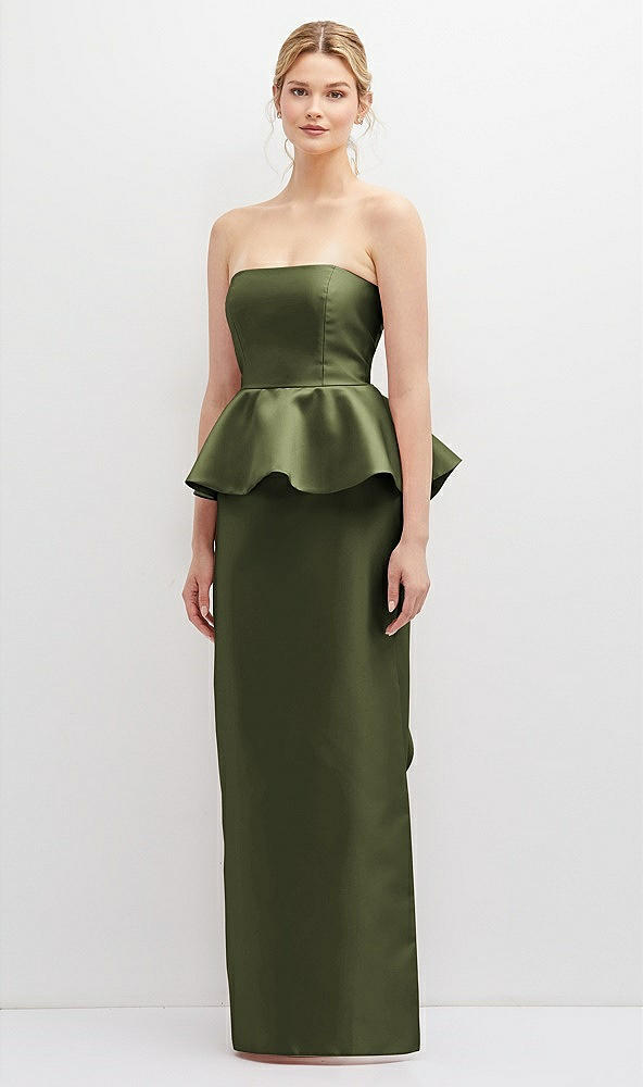 Front View - Olive Green Strapless Satin Maxi Dress with Cascade Ruffle Peplum Detail